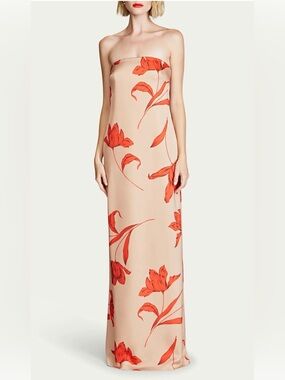 Halston Heritage Beige Strapless Maxi Dress with Red Floral Motif